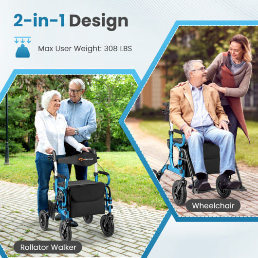 2-in-1 Foldable Rollator Walker with Seat abd 9 Inch Pneumatic Tires for Seniors-Red