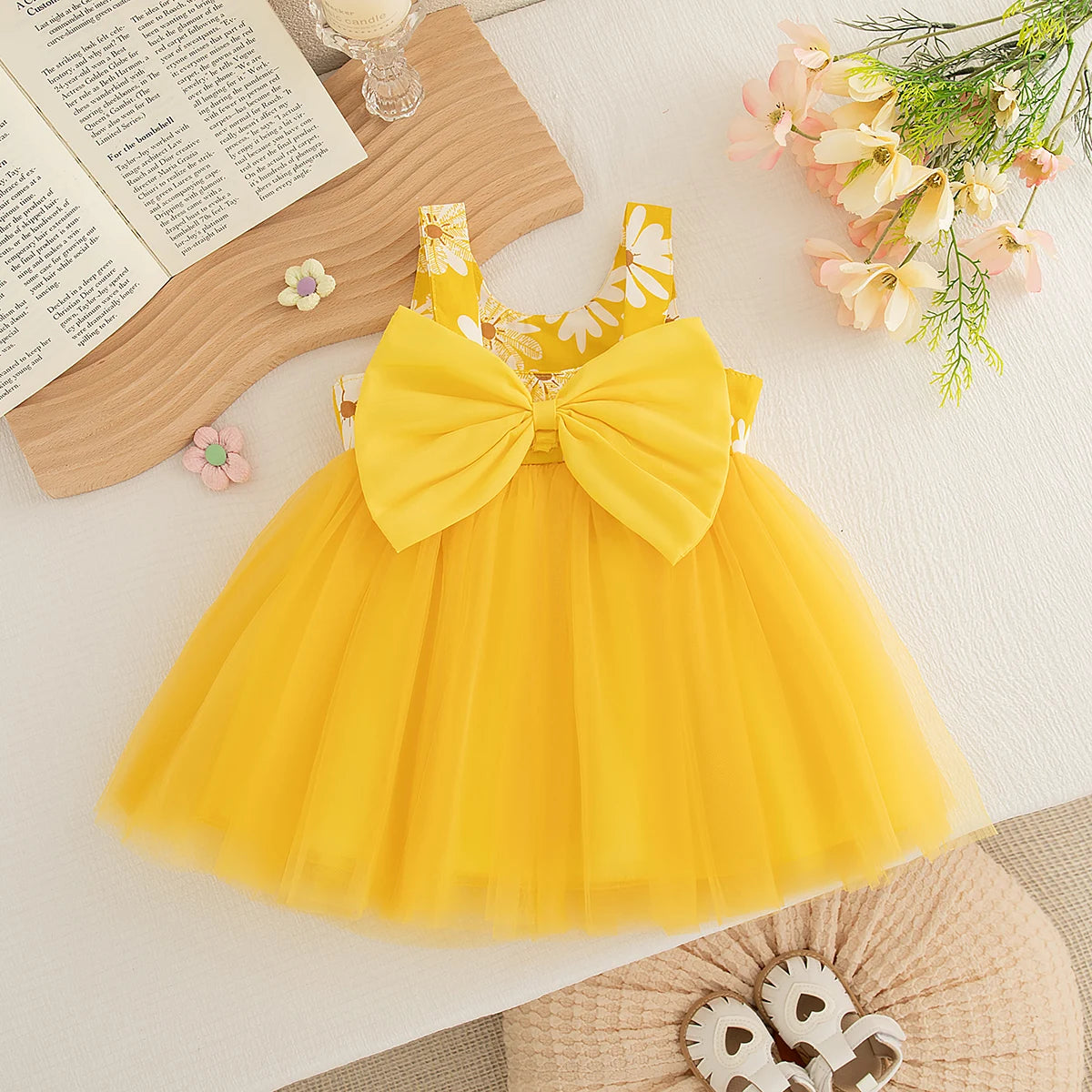 Baby Girl Dress Summer Bow And Daisy Pattern Halter Puffy Casual Girl Kid's Dress Cute Beach Baby Girls Princess Dresses