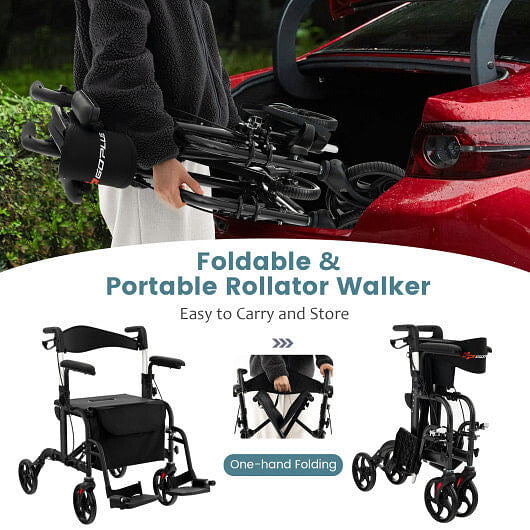 Folding Rollator Walker with Seat and Wheels Supports up to 300 lbs-Red