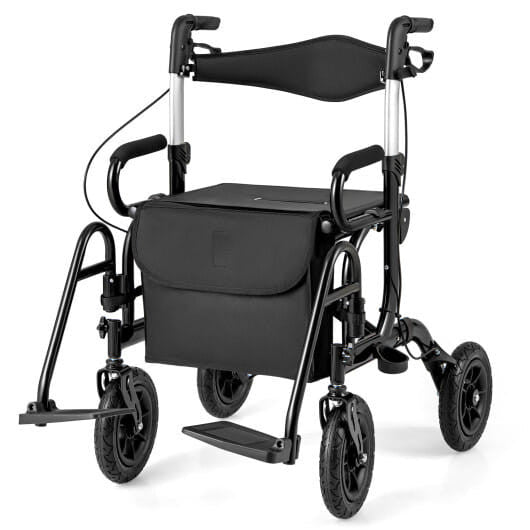 2-in-1 Foldable Rollator Walker with Seat abd 9 Inch Pneumatic Tires for Seniors-Red