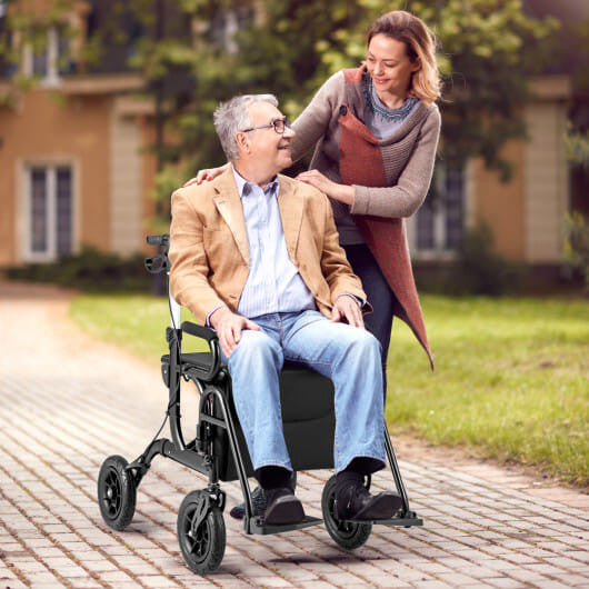2-in-1 Foldable Rollator Walker with Seat abd 9 Inch Pneumatic Tires for Seniors-Red