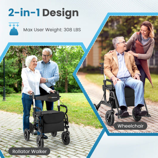2-in-1 Foldable Rollator Walker with Seat abd 9 Inch Pneumatic Tires for Seniors-Red