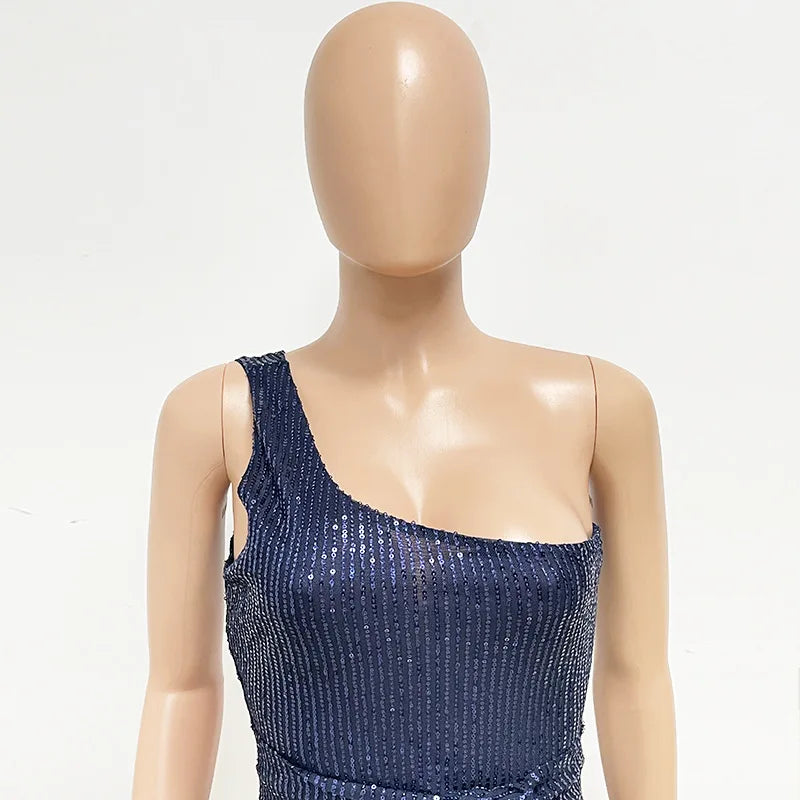 sexy women's dress summer pleat one shoulder sequin birthday evening dresses woman elegant party dresses cocktail prom dress X99