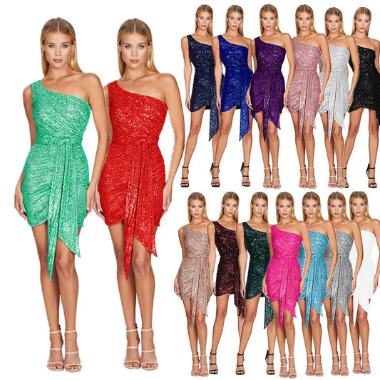 sexy women's dress summer pleat one shoulder sequin birthday evening dresses woman elegant party dresses cocktail prom dress X99