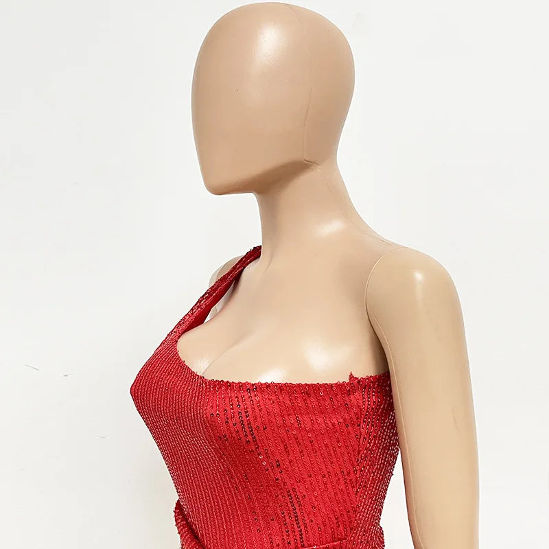 sexy women's dress summer pleat one shoulder sequin birthday evening dresses woman elegant party dresses cocktail prom dress X99