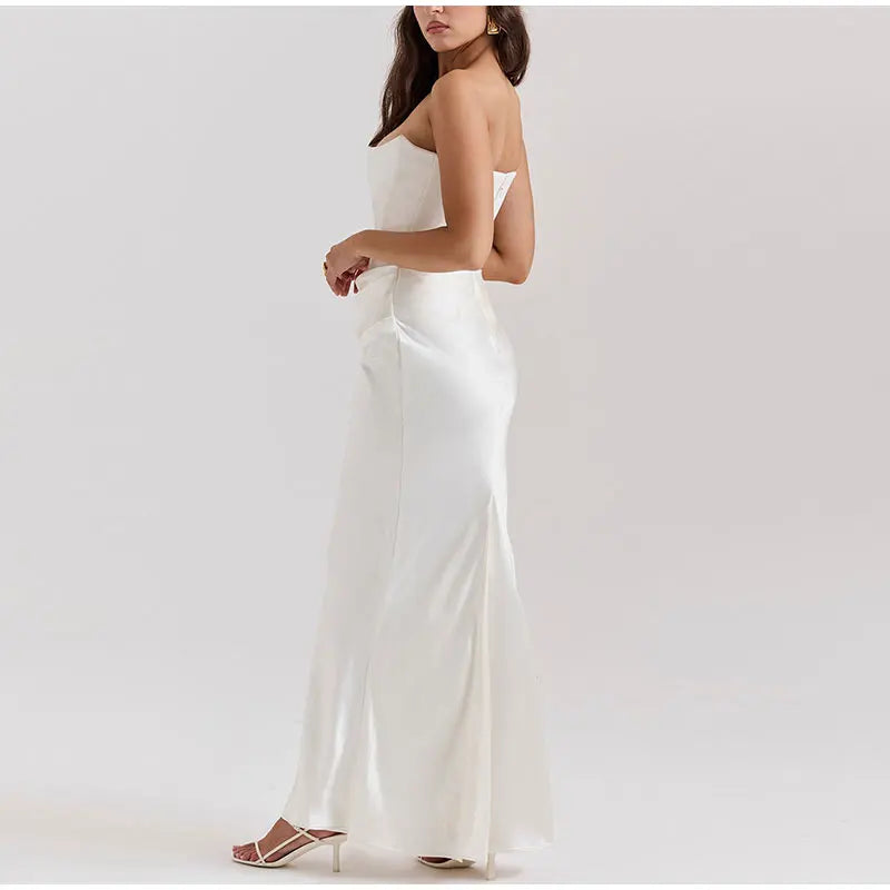 Sexy Pleat Strapless Long Dresses Women Sleeveless Backless Hip Package Lace-up Party Dress Lady New Christmas Cocktail Gowns