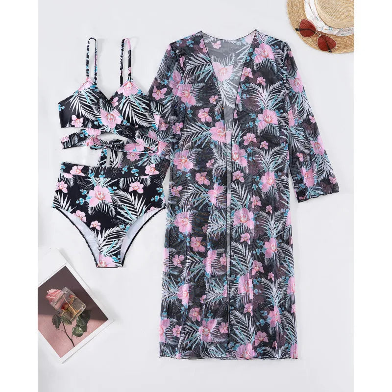 Summer Print Swimsuits 2025 Female Swimwear Push Up For Beach Wear Three-Piece Bathing Suits Pool Bather Women's Swimming Suit