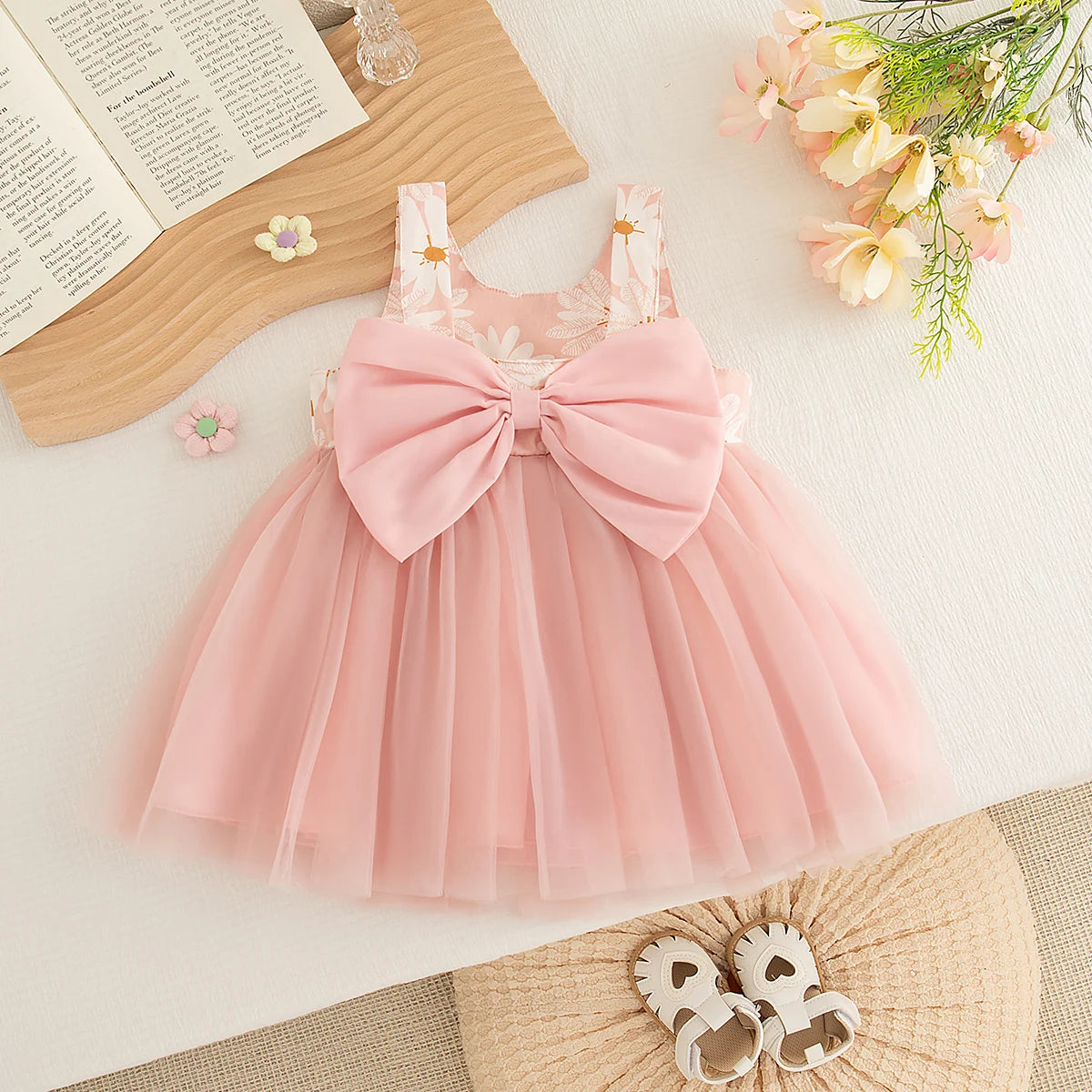 Baby Girl Dress Summer Bow And Daisy Pattern Halter Puffy Casual Girl Kid's Dress Cute Beach Baby Girls Princess Dresses
