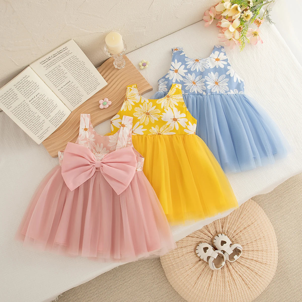 Baby Girl Dress Summer Bow And Daisy Pattern Halter Puffy Casual Girl Kid's Dress Cute Beach Baby Girls Princess Dresses
