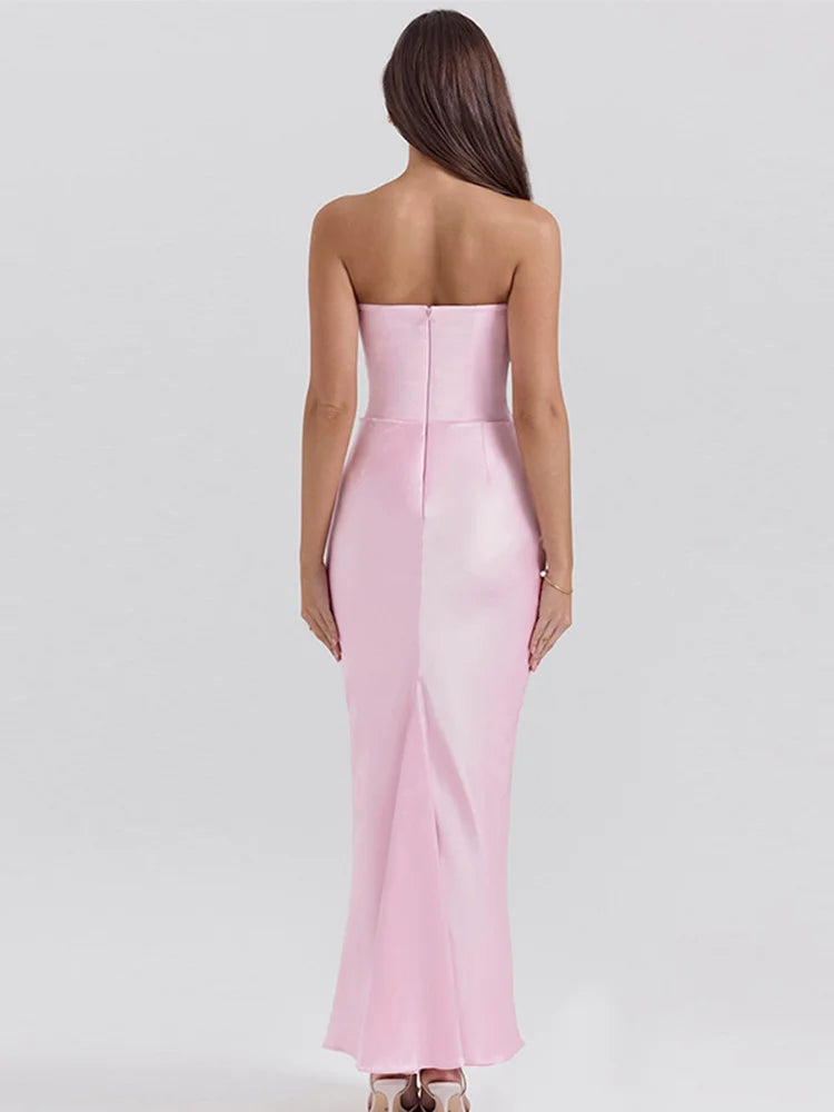 Sexy Pleat Strapless Long Dresses Women Sleeveless Backless Hip Package Lace-up Party Dress Lady New Christmas Cocktail Gowns