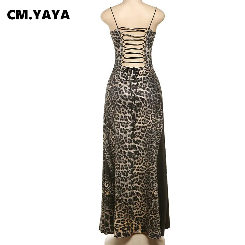 CM.YAYA 2025 Summer Elegant Sleeveless Leopard Print Strapless Floor-Length Long Women Dress Beach Party Evening Sexy Dresses