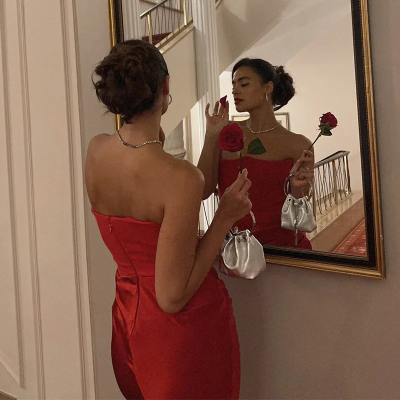 Sexy Pleat Strapless Long Dresses Women Sleeveless Backless Hip Package Lace-up Party Dress Lady New Christmas Cocktail Gowns