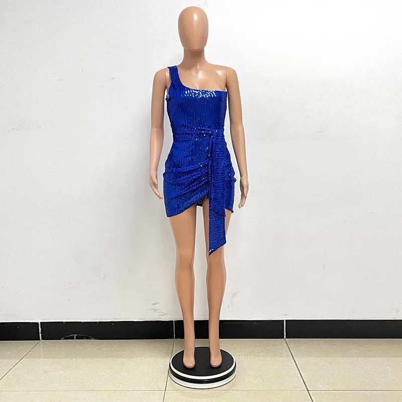 sexy women's dress summer pleat one shoulder sequin birthday evening dresses woman elegant party dresses cocktail prom dress X99