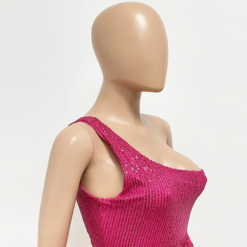 sexy women's dress summer pleat one shoulder sequin birthday evening dresses woman elegant party dresses cocktail prom dress X99