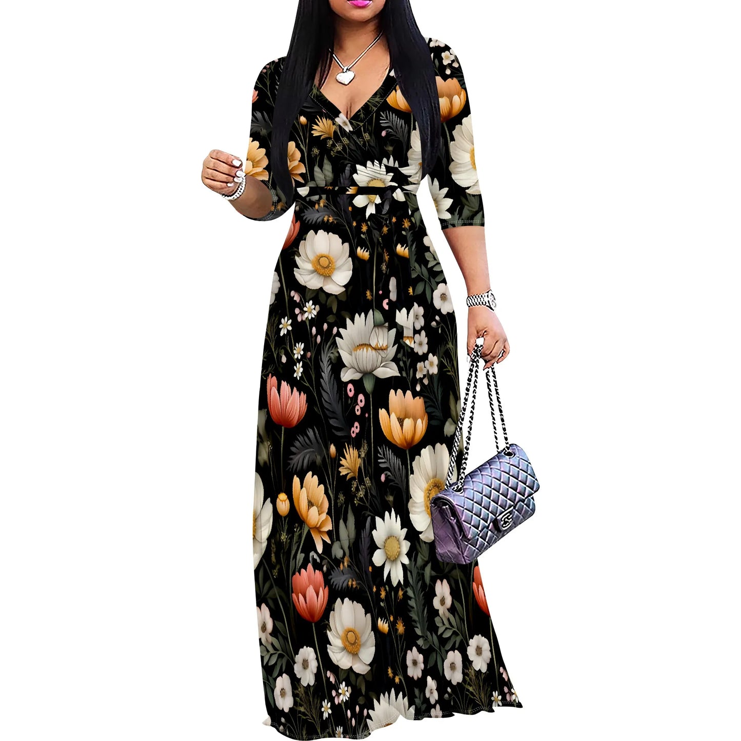 Women's Casual Floral Pattern Wrap Maxi Dresses V Neck 3/4 Sleeve Tie Waist Dress Flower Long Dresses for Women 2025