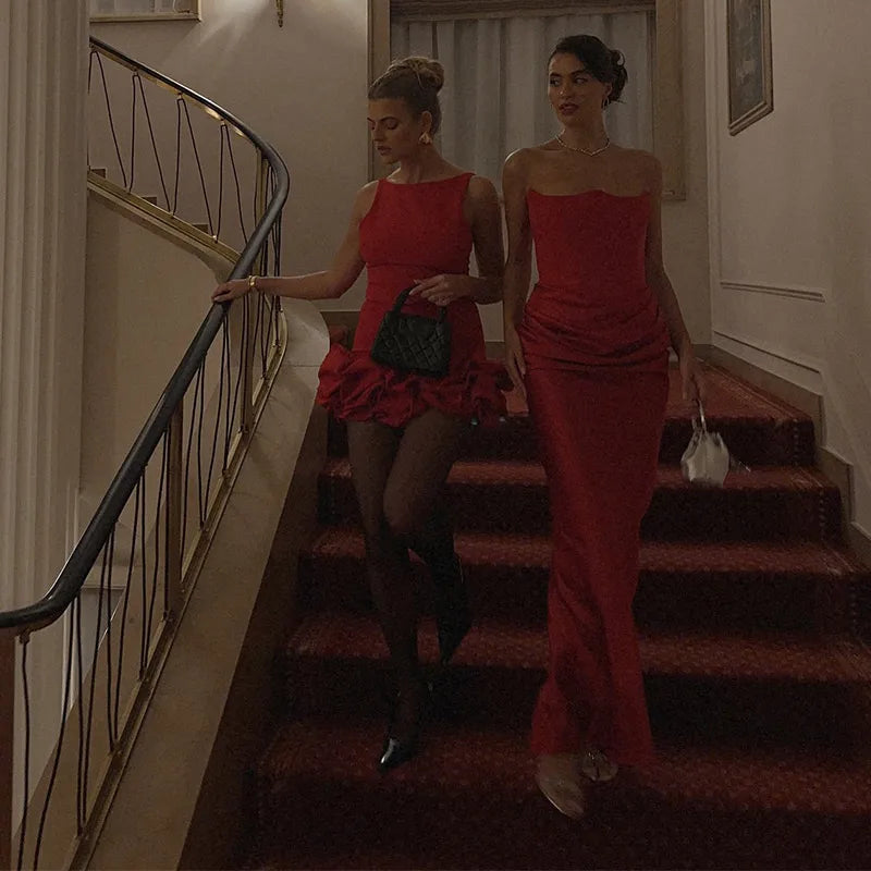 Sexy Pleat Strapless Long Dresses Women Sleeveless Backless Hip Package Lace-up Party Dress Lady New Christmas Cocktail Gowns