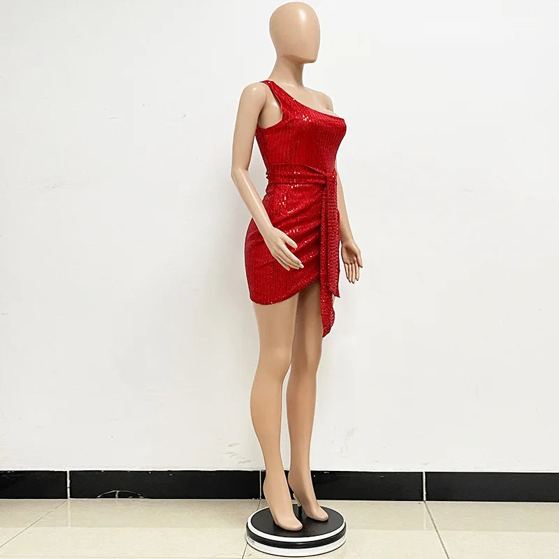 sexy women's dress summer pleat one shoulder sequin birthday evening dresses woman elegant party dresses cocktail prom dress X99