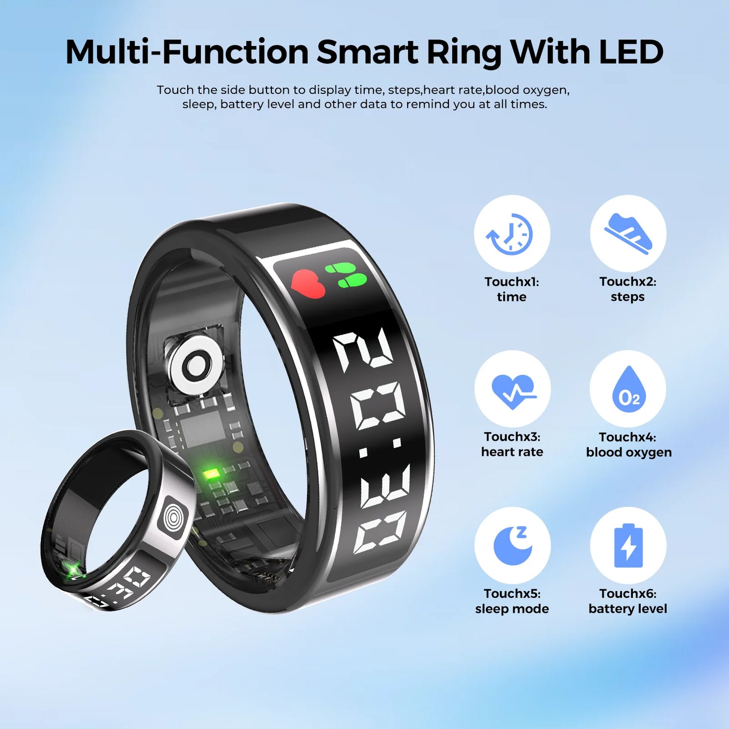 LED Display Screen Smart Ring for Heart Rate Oxygen Sleep Monitoring Multi Sports Modes Waterproof Bluetooth Women Healthy Rings