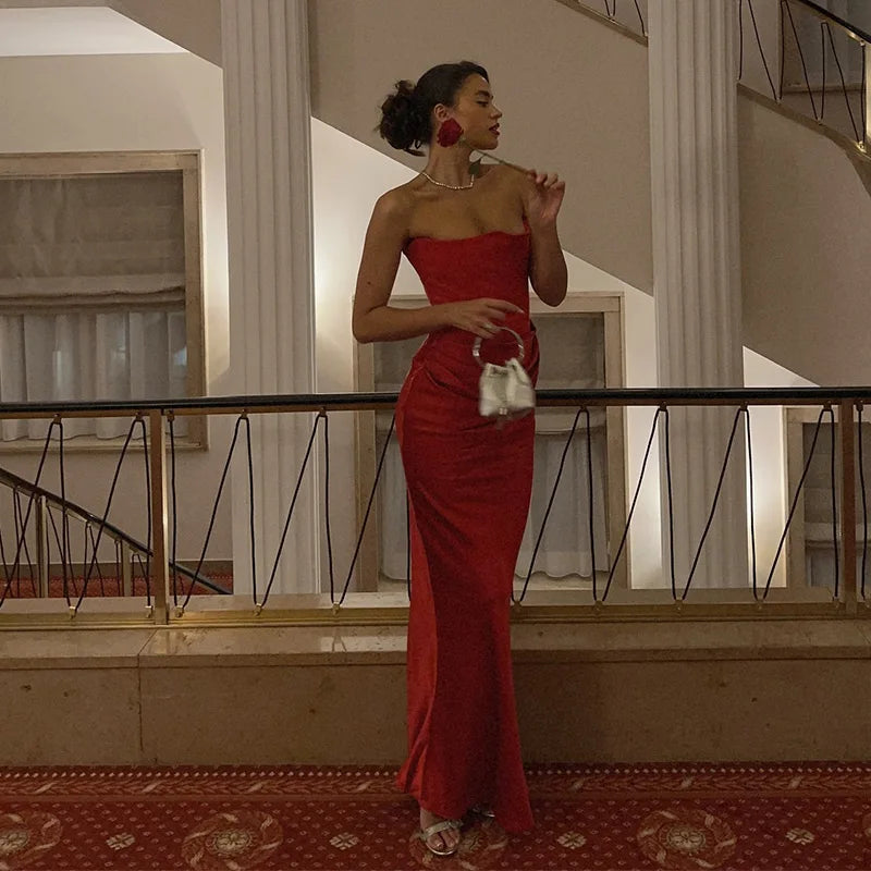 Sexy Pleat Strapless Long Dresses Women Sleeveless Backless Hip Package Lace-up Party Dress Lady New Christmas Cocktail Gowns