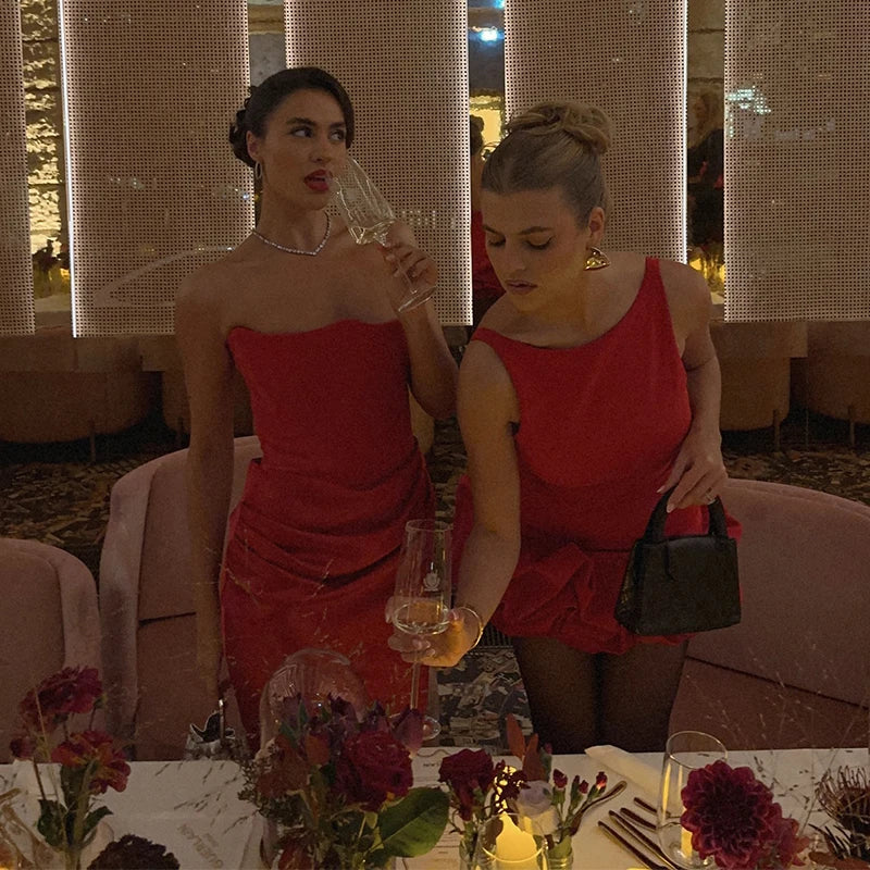 Sexy Pleat Strapless Long Dresses Women Sleeveless Backless Hip Package Lace-up Party Dress Lady New Christmas Cocktail Gowns