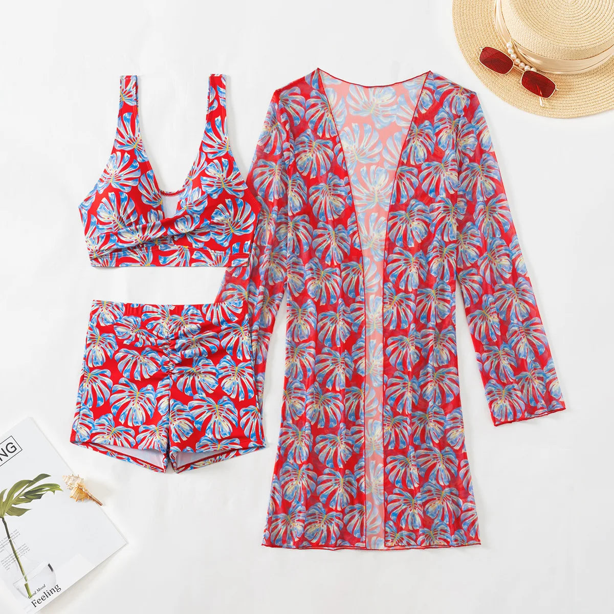 Summer Print Swimsuits Tankini Sets Female Swimwear Push Up For Beach Wear Three-Piece Bathing Suits Pool Women's Swimming Suit