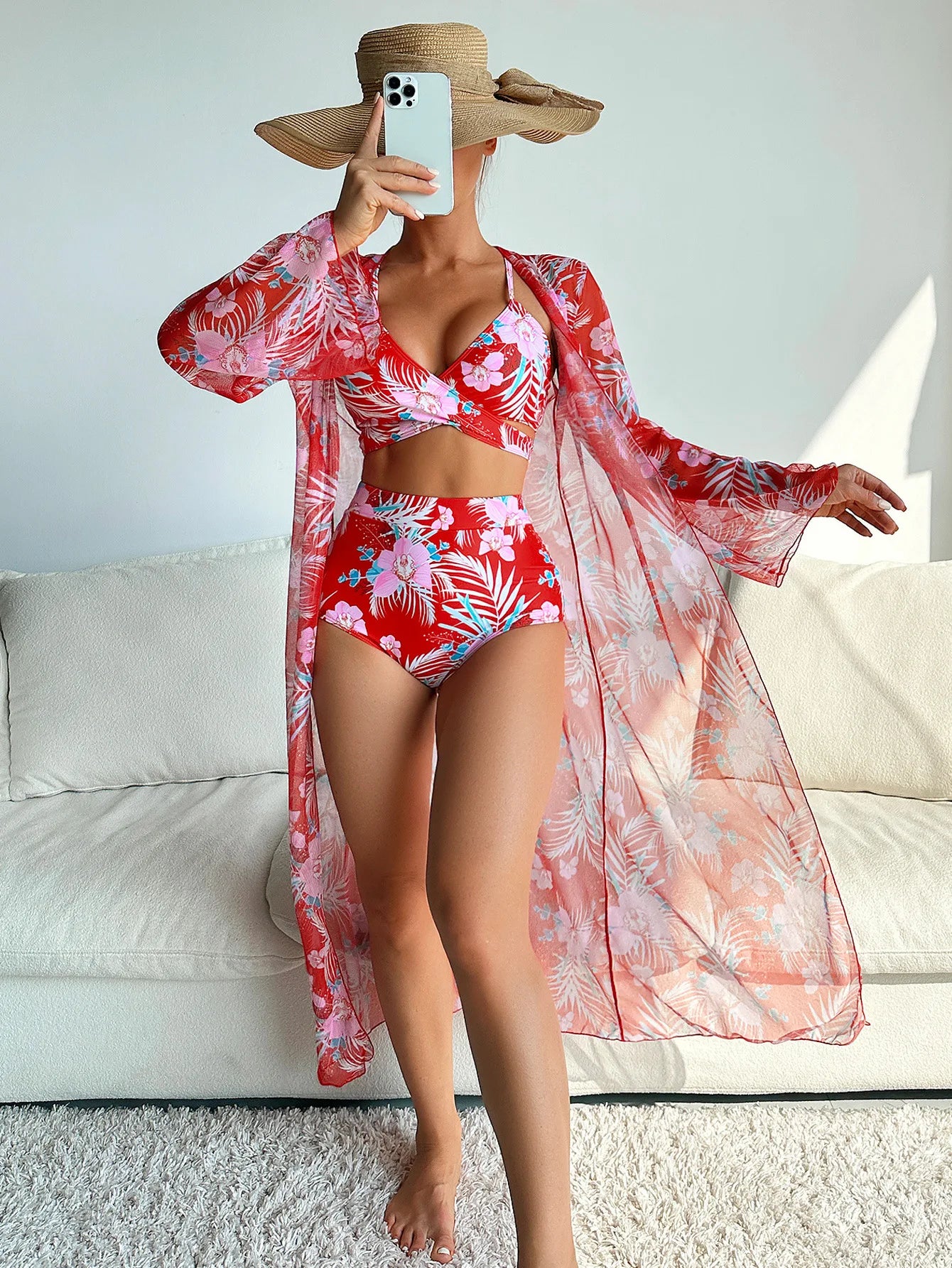 Summer Print Swimsuits 2025 Female Swimwear Push Up For Beach Wear Three-Piece Bathing Suits Pool Bather Women's Swimming Suit