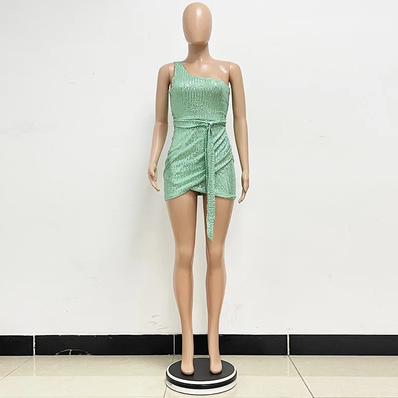 sexy women's dress summer pleat one shoulder sequin birthday evening dresses woman elegant party dresses cocktail prom dress X99