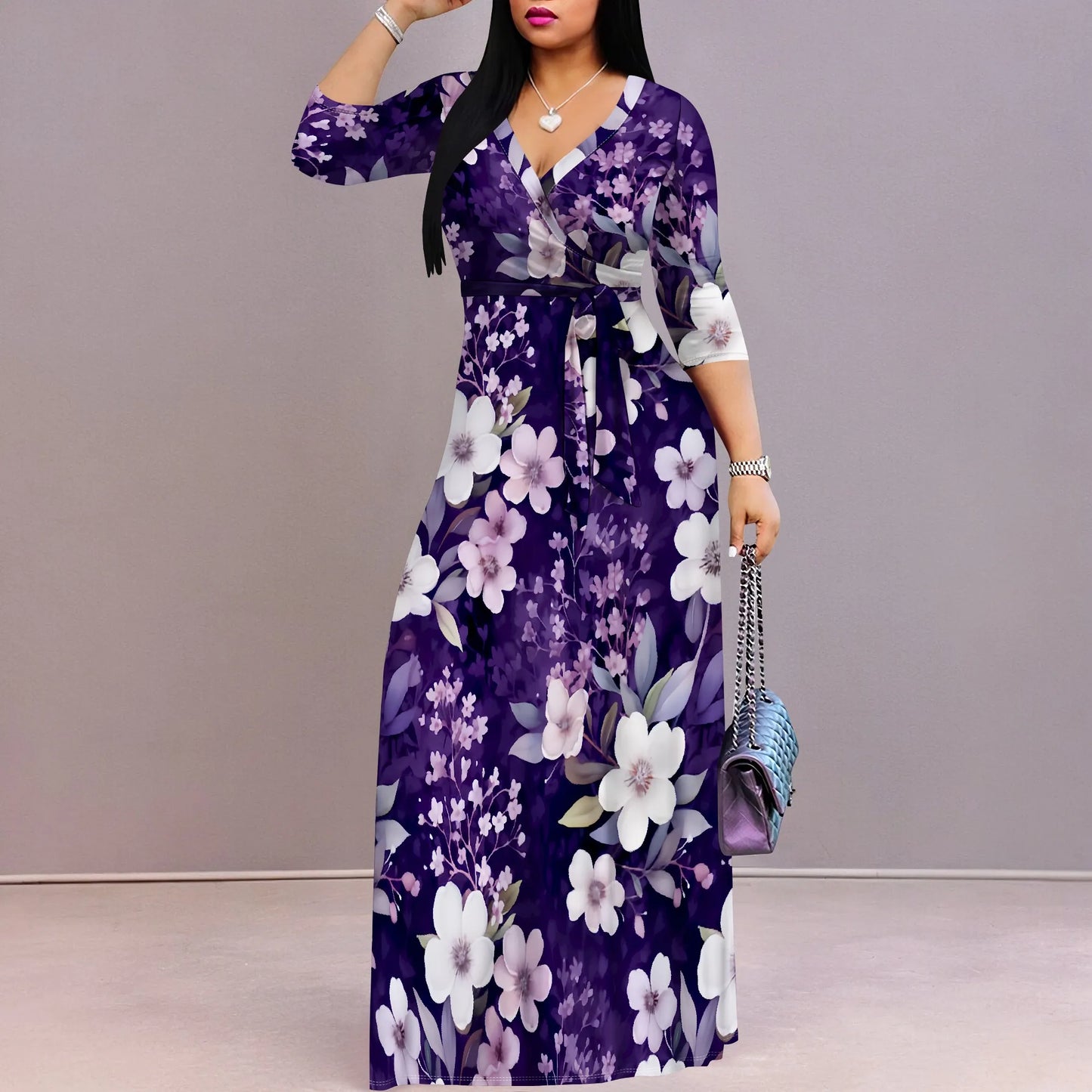 Women's Casual Floral Pattern Wrap Maxi Dresses V Neck 3/4 Sleeve Tie Waist Dress Flower Long Dresses for Women 2025
