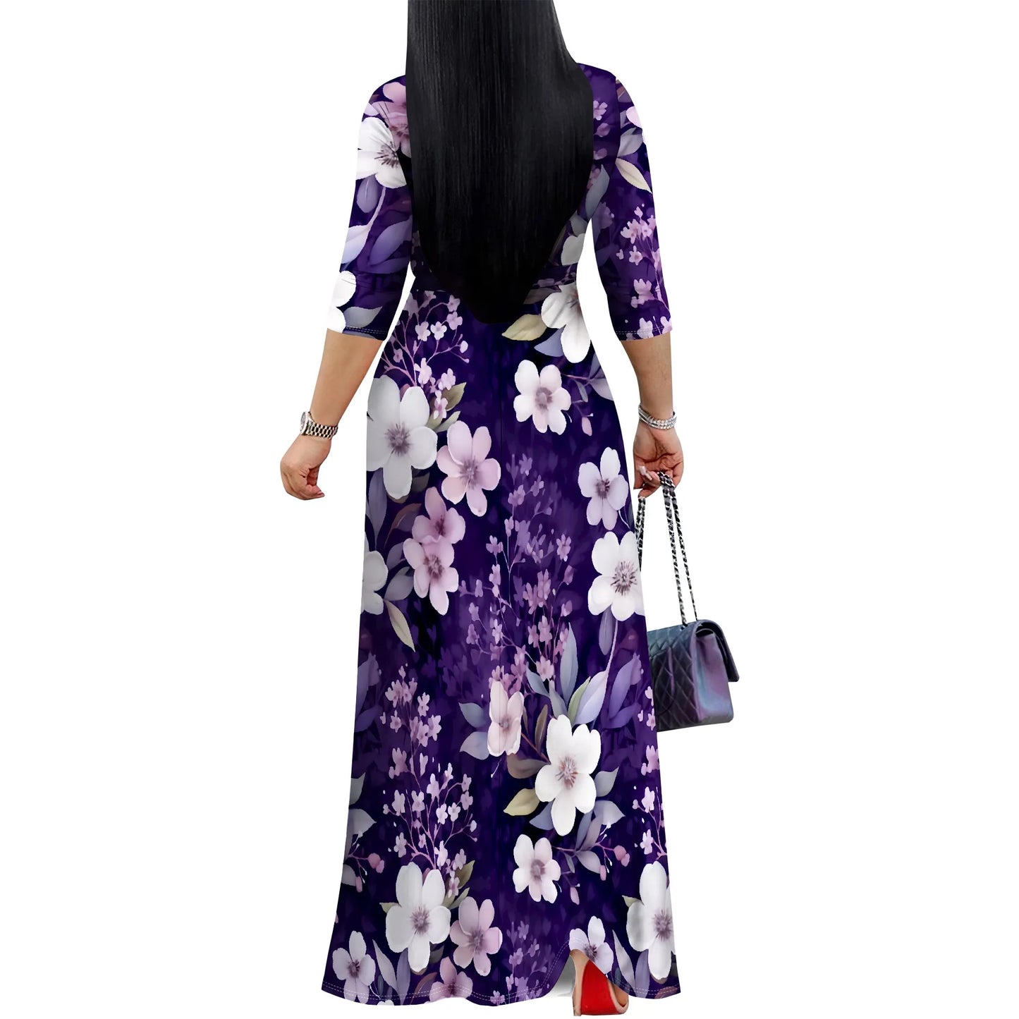 Women's Casual Floral Pattern Wrap Maxi Dresses V Neck 3/4 Sleeve Tie Waist Dress Flower Long Dresses for Women 2025