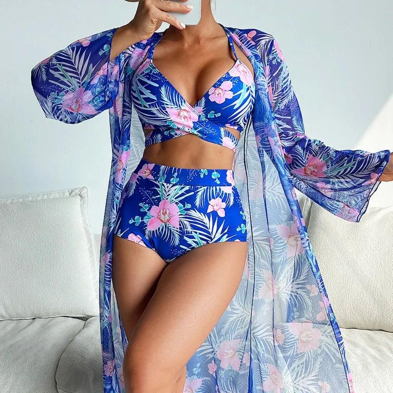 Summer Print Swimsuits 2025 Female Swimwear Push Up For Beach Wear Three-Piece Bathing Suits Pool Bather Women's Swimming Suit