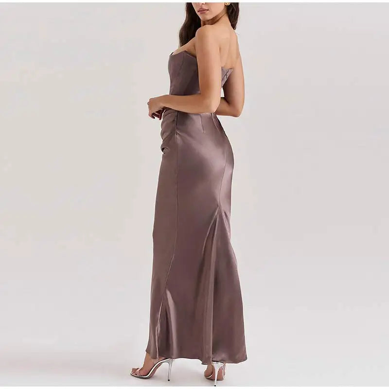 Sexy Pleat Strapless Long Dresses Women Sleeveless Backless Hip Package Lace-up Party Dress Lady New Christmas Cocktail Gowns