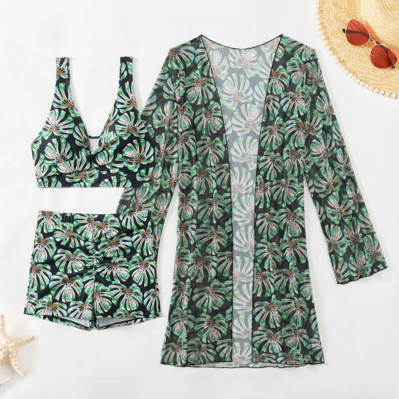 Summer Print Swimsuits Tankini Sets Female Swimwear Push Up For Beach Wear Three-Piece Bathing Suits Pool Women's Swimming Suit