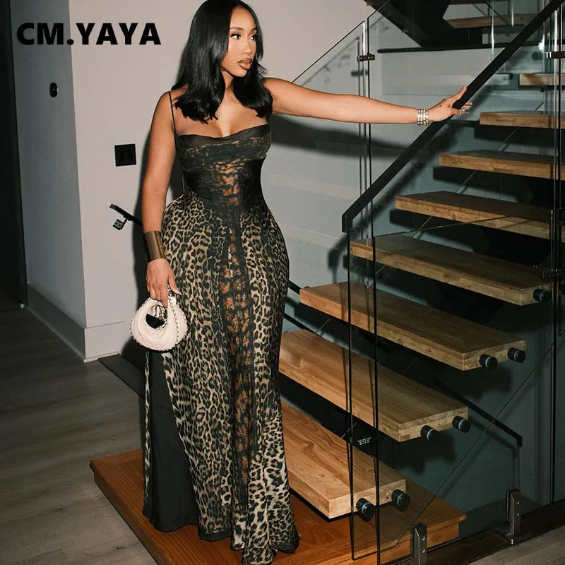 CM.YAYA 2025 Summer Elegant Sleeveless Leopard Print Strapless Floor-Length Long Women Dress Beach Party Evening Sexy Dresses