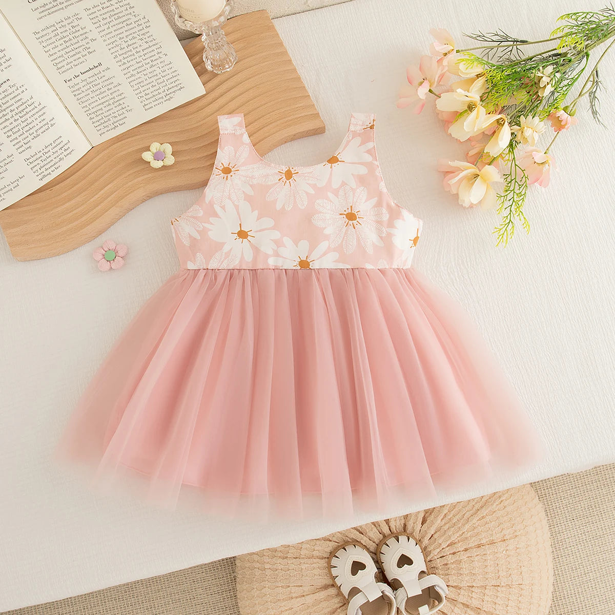 Baby Girl Dress Summer Bow And Daisy Pattern Halter Puffy Casual Girl Kid's Dress Cute Beach Baby Girls Princess Dresses