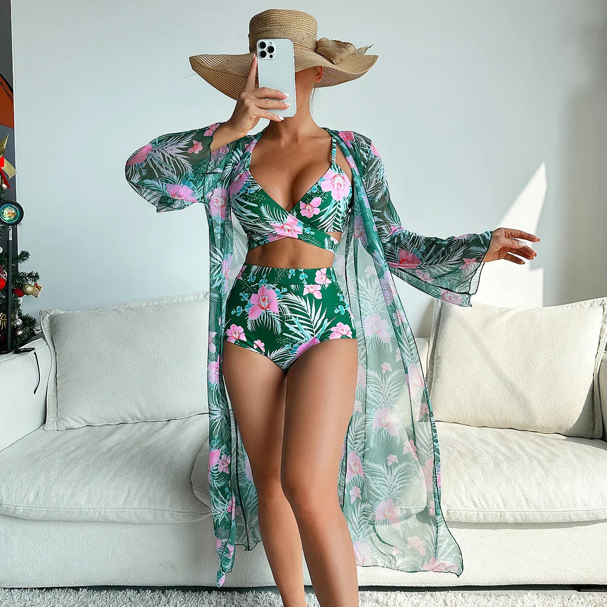 Summer Print Swimsuits 2025 Female Swimwear Push Up For Beach Wear Three-Piece Bathing Suits Pool Bather Women's Swimming Suit