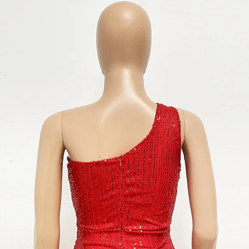 sexy women's dress summer pleat one shoulder sequin birthday evening dresses woman elegant party dresses cocktail prom dress X99