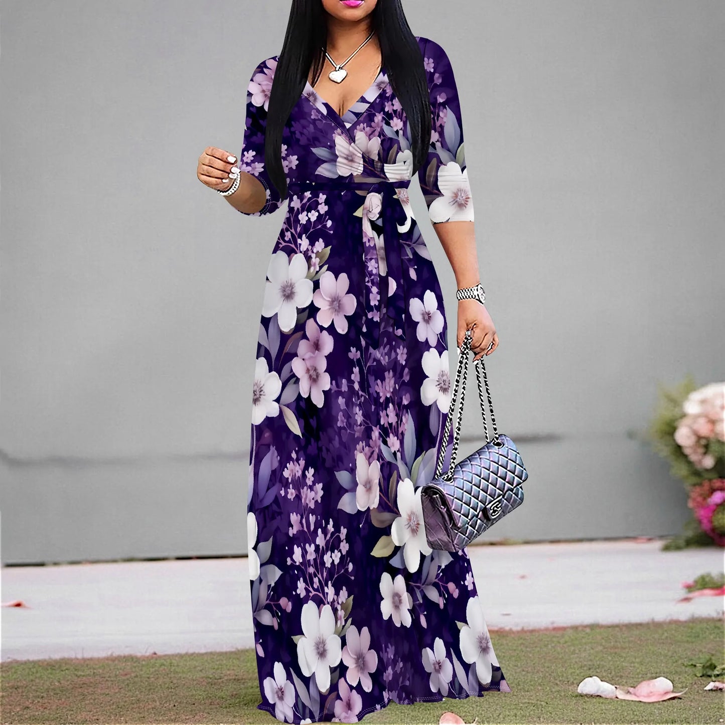 Women's Casual Floral Pattern Wrap Maxi Dresses V Neck 3/4 Sleeve Tie Waist Dress Flower Long Dresses for Women 2025