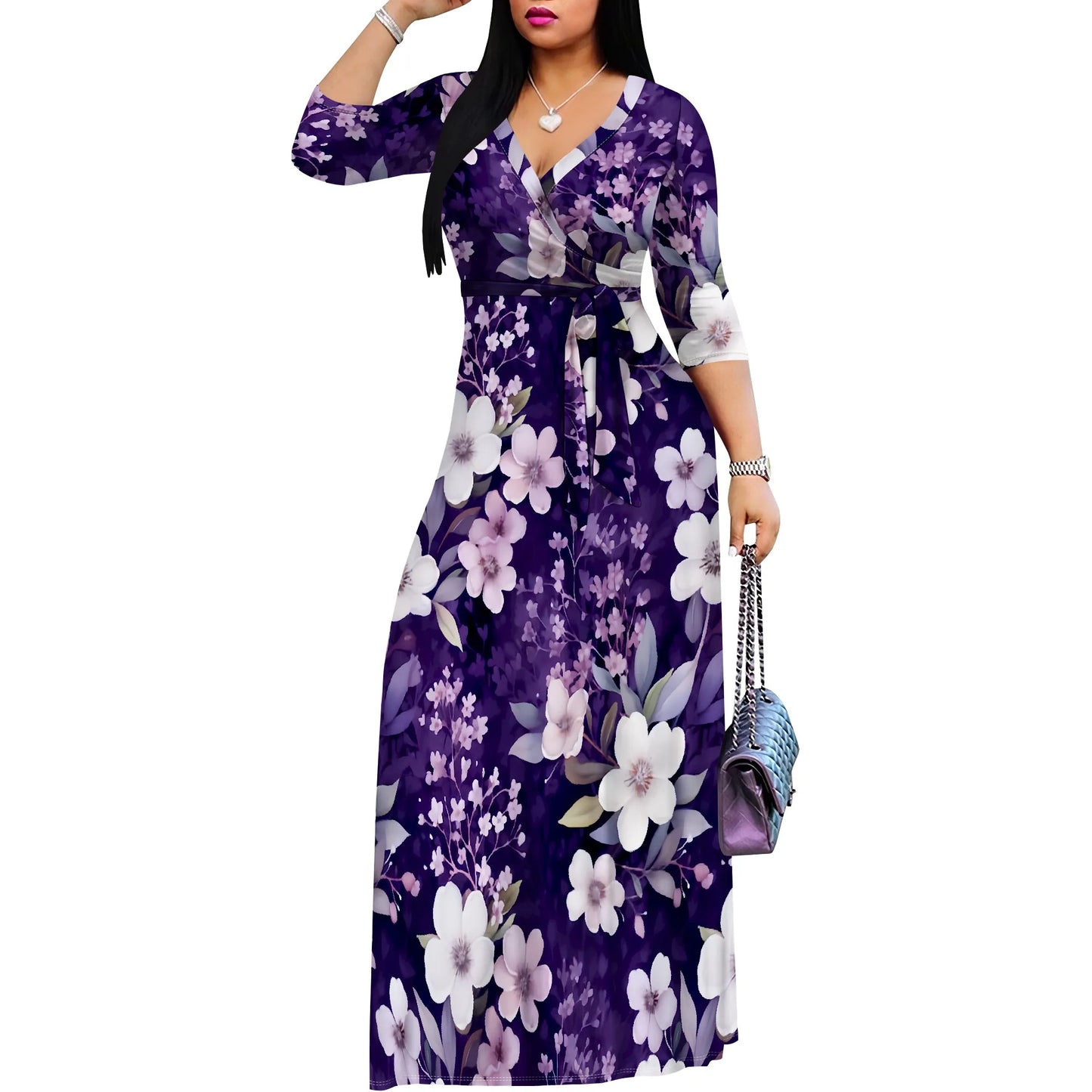 Women's Casual Floral Pattern Wrap Maxi Dresses V Neck 3/4 Sleeve Tie Waist Dress Flower Long Dresses for Women 2025